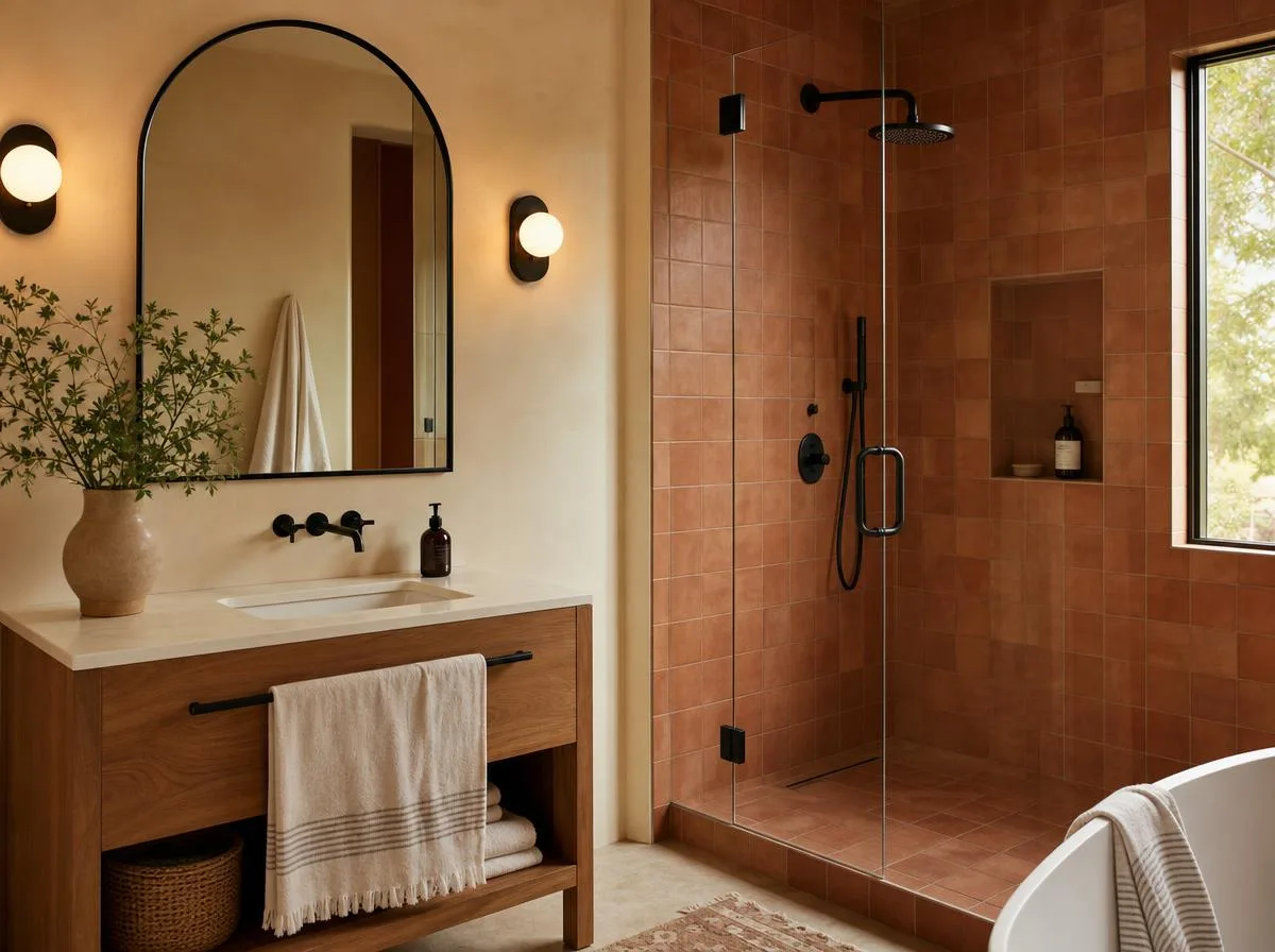 Baño reformado con ducha de obra y azulejo terracota