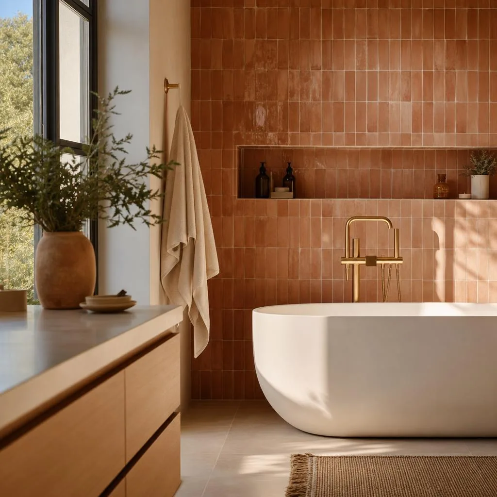 Cuarto de baño moderno reformado con azulejo de terracota